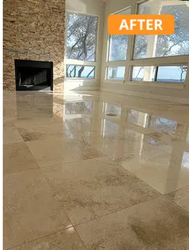 Travertine floor restoration (Travertine · villa living room) — after MarblePro polishing