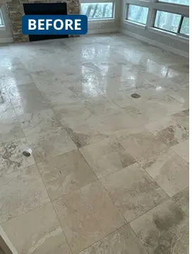 Travertine floor restoration (Travertine · villa living room) — before polishing